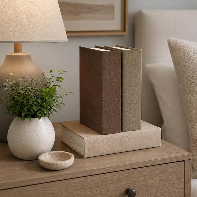 DECOR4SEASON Modern Linen and Wood Decorative Faux Book Boxes Set of 3, 10" | Stackable Storage Boxes for Shelves, Coffee Table, and Office Organization (Earth Tones)