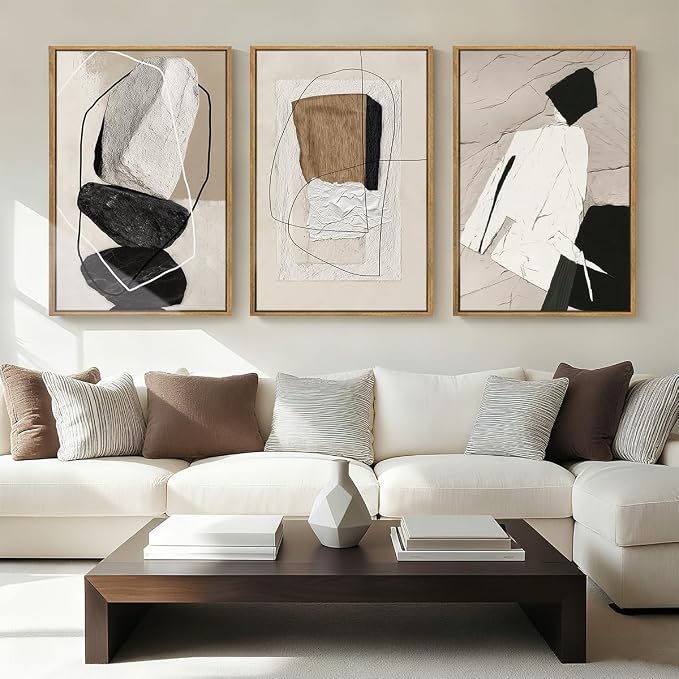 ANHUIB Large Neutral Abstract Wall Art Canvas,Black Beige Artwork, Modern Framed Art Wall Decor, Minimalist Geometric Painting,24x36 Inches Print Set of 3 for Living Room Bedroom