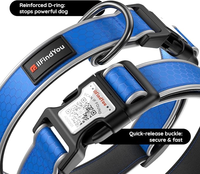 Personalized Dog Collar with QR Code Dog Tag, Oxford Blue L | Anti-lost, Oxford, reflective, padded, XS-L(8"-24"), QR buckle shares lost pet profile, location alerts when scanned, No Fees