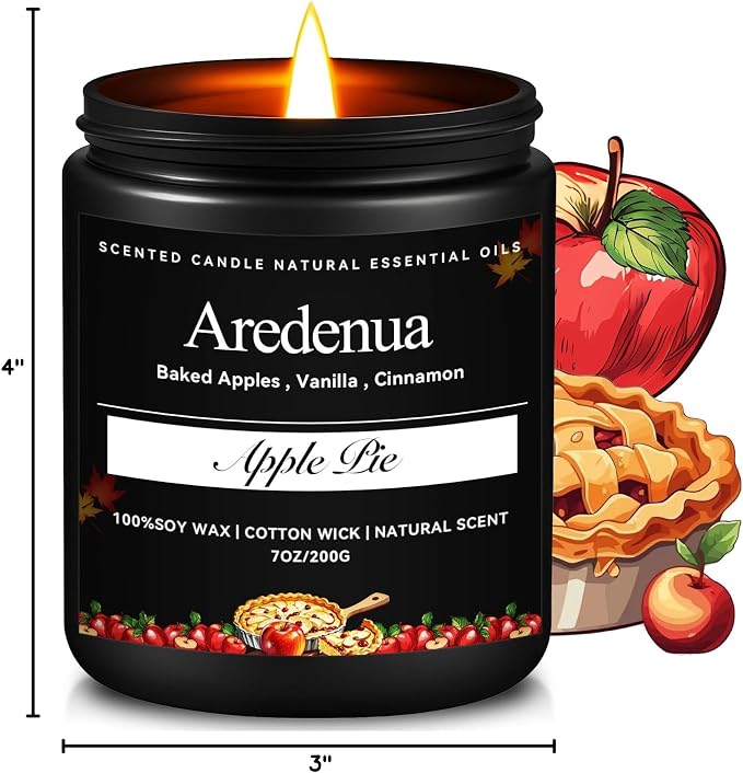 Fall Candle | Apple Pie Scented Candle - Autumn Seasonal Candles for Fall - 7oz Soy Candles for Home Scented, Thanksgiving Halloween Holiday Gift for Home - 50 Hours Long Burning -Black Jar