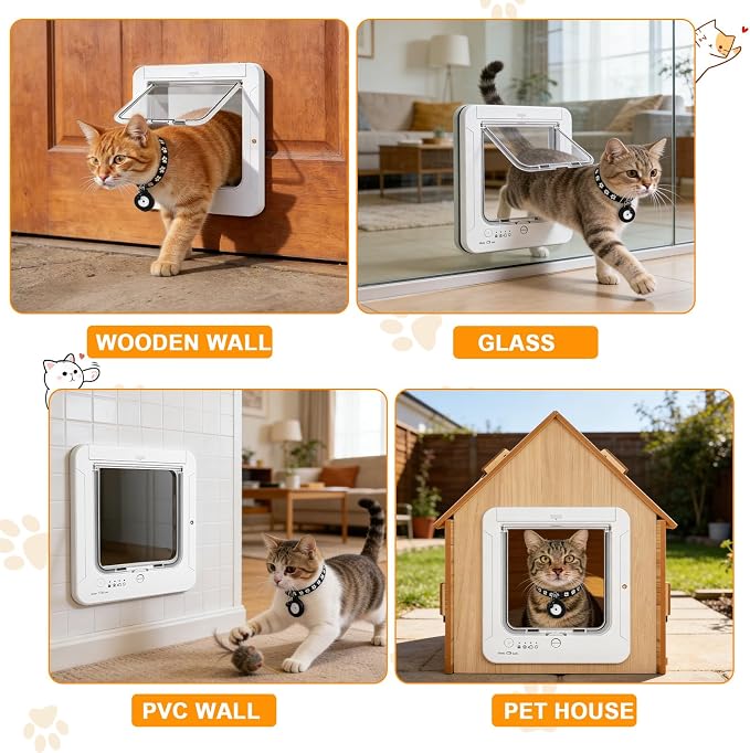 Smart Cat Door with 4 Collar Sensor Key, RFID Cat Door Collar Activated with Remote Control, 4 Way Locking Cat Flap Automatic Pet Door Interior & Exterior(White)