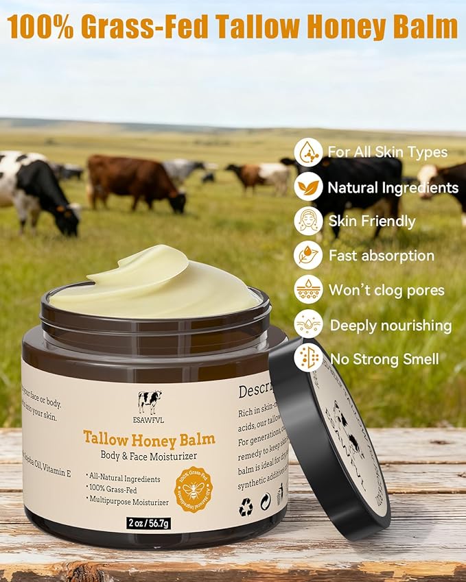 Beef Tallow for Skin, Whipped Tallow and Honey Balm for Body & Face, Natural Formula Grass-Fed Tallow Face Moisturizer for All Skin Types - 2oz