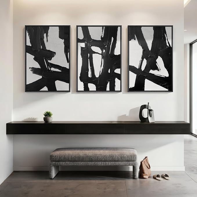 Large Framed Black and White Abstract Wall Art for Living Room, 3 Piece Canvas Prints Paintings Artwork for Walls, Modern Minimalist Wall Decor for Bedroom Dining Room Office hallway 24x36 In
