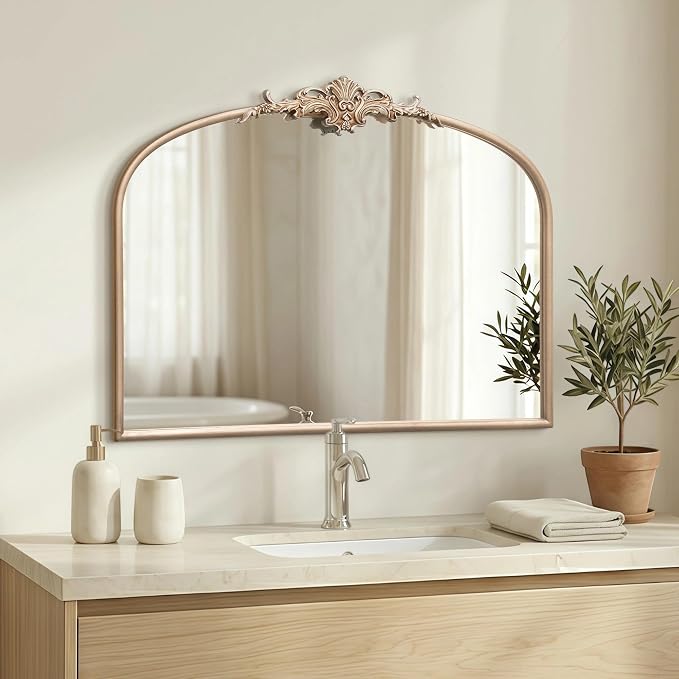 Besdomus Antique Gold Wall Mirror: 32"x24" French Arched Decorative Mirrors | Vintage Baroque Ornate Arch Metal Framed for Mantel/Hallway/Bathroom Vanity/Dresser/ - Ideal Gifts for Holiday/Birthday