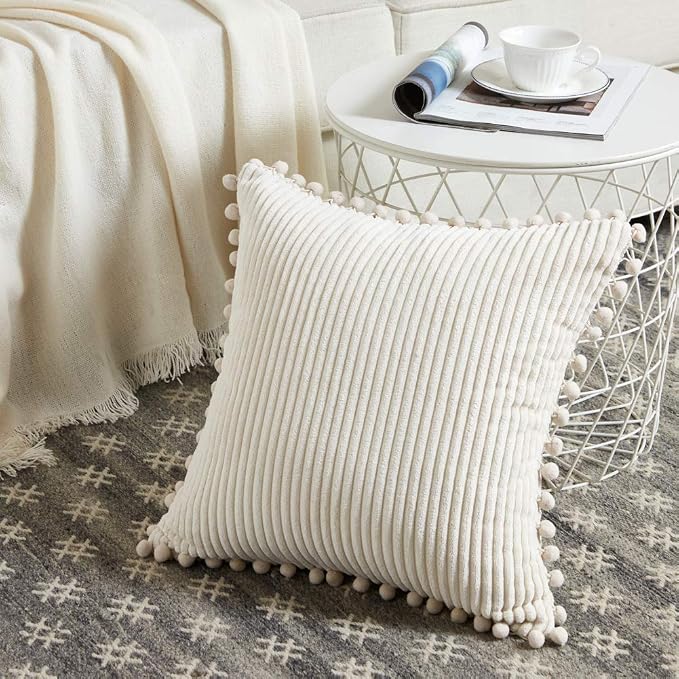 Fancy Homi Pack of 2 Corduroy Soft Decorative Throw Pillow Covers with Pom-poms, Solid Square Cushion Case Pillow Cases Set for Couch Sofa Bedroom Car Living Room (22x22 Inch/55x55 cm, Cream)