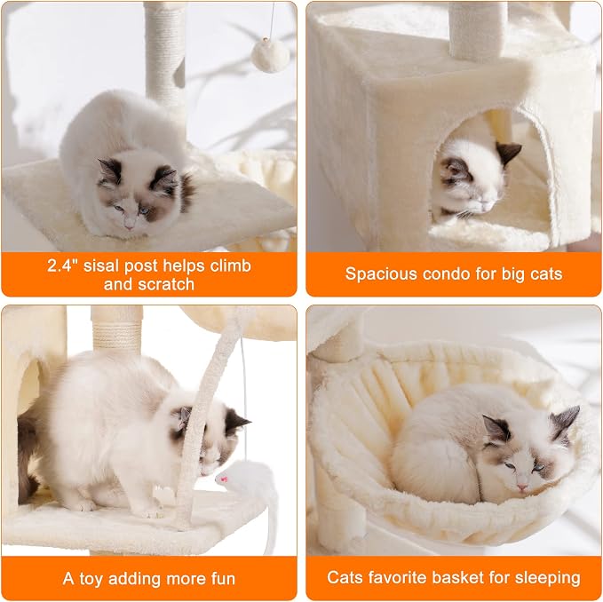 Heybly Cat Tree with Toy, 43.3 inch Cat Tower for Indoor Cats HCT004M | Cat Condo with Durable Sisal Scratching Posts, Cat House with Padded Plush Perch, Cozy Hammock, Beige