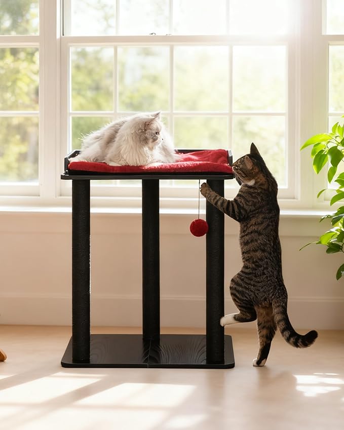 26.7in Large Cat Tree Tower Condo, Cat Scratch Posts for Indoor Cats, Big Plate, Three 23.6in Full Sisal Scratching Posts, Black&Red
