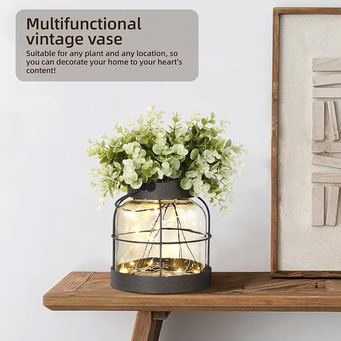 Dnnnii Vintage Glass Farmhouse Vase - Handmade Rustic Lantern Planter with Bonus Artificial Flowers & LED Lights (Home Decor Centerpiece), Farmhouse Wedding/Easter Decor, Housewarming Gift