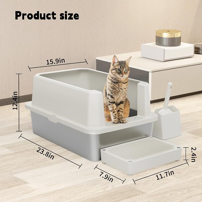 RIZZARI Stainless Litter Box Semi-Closed: Odorless, Large, Easy Clean | High Splash Guard / Non-Stick Steel Pan / 20L Capacity / Raised Step / Fits Any Room / Multi-Cat Use