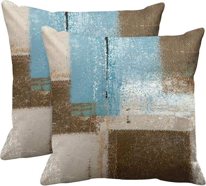 Throw Pillow Covers Set of 2, 16 x 16 Inch, Blue Beige Brown | Abstract Modern Art Outdoor Decorative Square Pillow Cases Couch Cushion Case for Couch Bed Sofa Living Room Home Decor