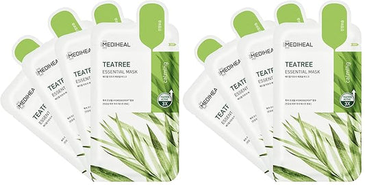 Mediheal Official Best Korean Sheet Mask - Tea Tree Essential Face Mask 4 Sheets Skin Soothing Treat Blemishes Sebum Control For All Skin Types (Pack of 2)