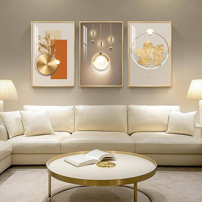 Framed Modern Luxury Gold Large Wall Art for Living Room, 3 Piece 24x36 In | Soild golden framed prints, Crystal coating wall paintings, Big geometric wall art for bedroom dining room hallway