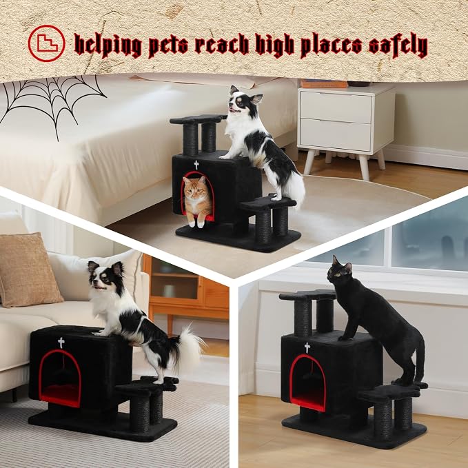 Gothic 3-in-1 Cat Stairs with Scratching Post & Condo, Pet Steps | Pet Steps for High Beds, Sofa, Couch, Tall Cat Tower, High-Strength Boards for Indoor Small Cats Kittens Dogs Climbing Play