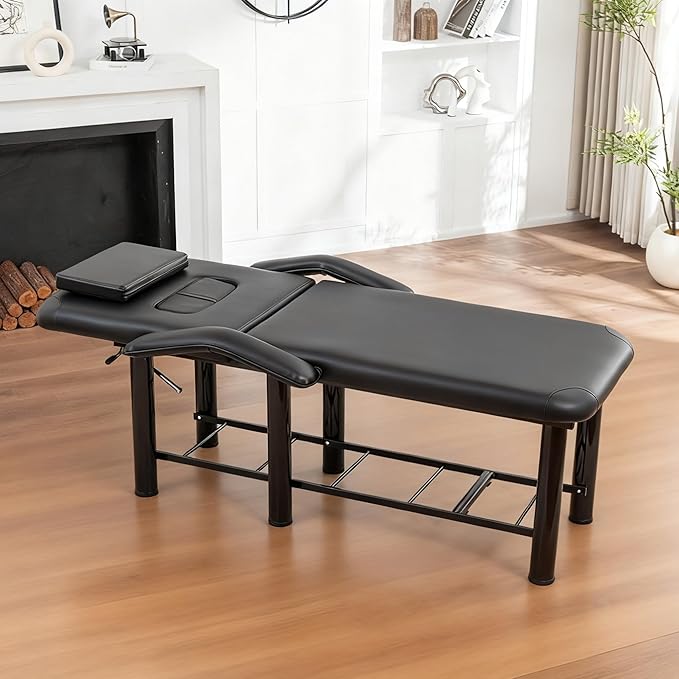 Professioanl Massage Table w/Adjustable Backrest for Treatment Table Spa Facial Bed Barber Beauty Equipment, Metal Frame PU Leather, Armrests Removable Headrest Salon Bed, Black