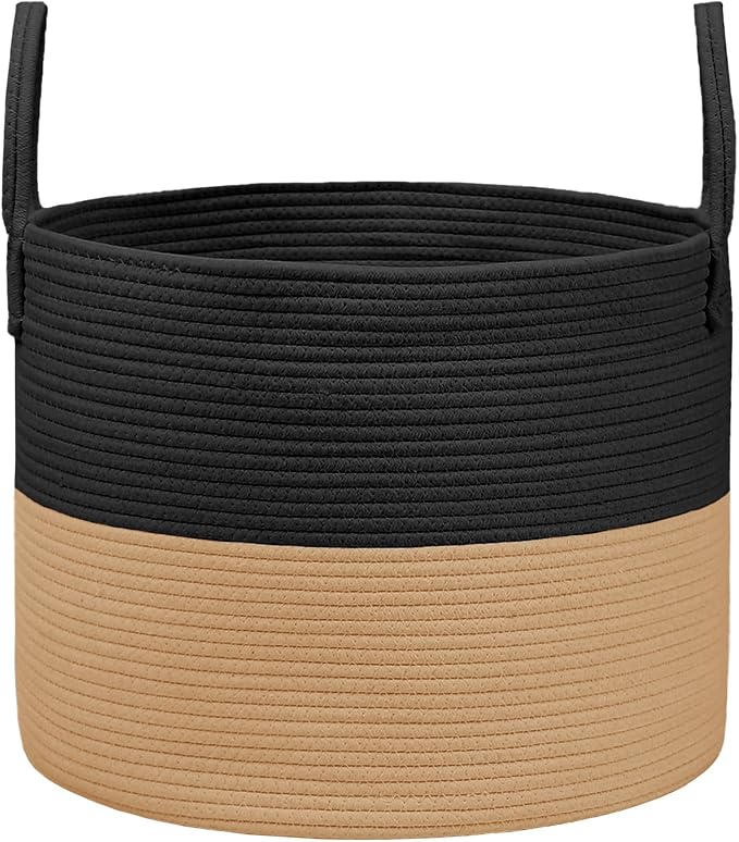 JMvicyroam 115L Extra Large Machine Washable Cotton Rope Blanket Basket | Collapsible laundry hamper, Reinforced handles, For blankets, pillows, toys and clothes, Living room and bedroom, Black&Jute