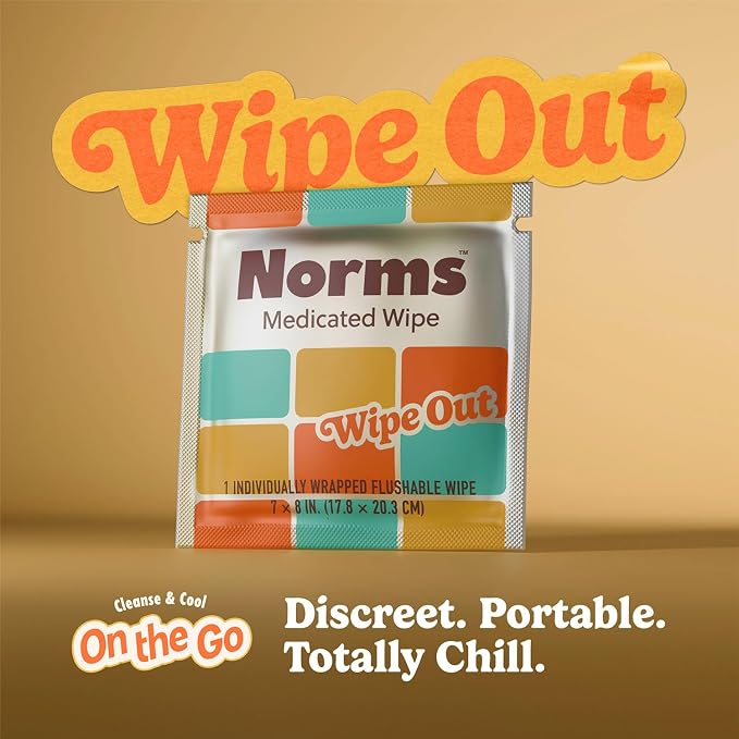 Norms Travel Hemorrhoid Wipes, Big Sheets Wipe Outs - 24 XL Individual Witch Hazel Wipes with Aloe, Clean, Soothe, and Cool, Postpartum Compress, Flushable Wipes, Plant Based & Paraben Free