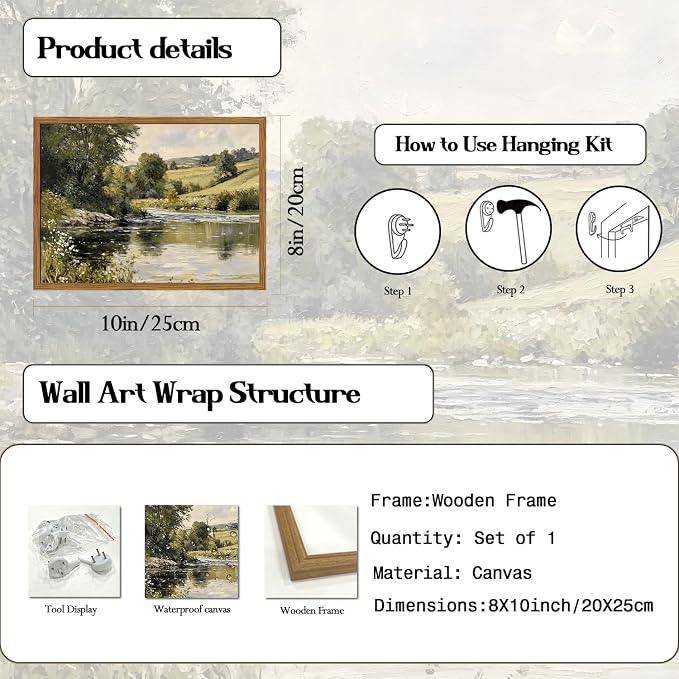 Framed Vintage Landscape Wall Art, Country Nature River Pictures Wall Decor, Rustic Field Paintings Canvas Prints Farmhouse Home Decor Aesthetic for Living Room Bedroom Bathroom 8x10 inch
