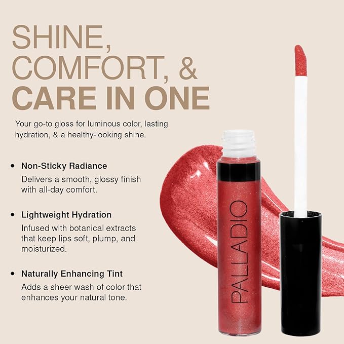 Palladio Lip Gloss, Non-Sticky Lip Gloss, Contains Vitamin E and Aloe, Offers Intense Color and Moisturization, Minimizes Lip Wrinkles, Softens Lips with Beautiful Shiny Finish, Passion Pink