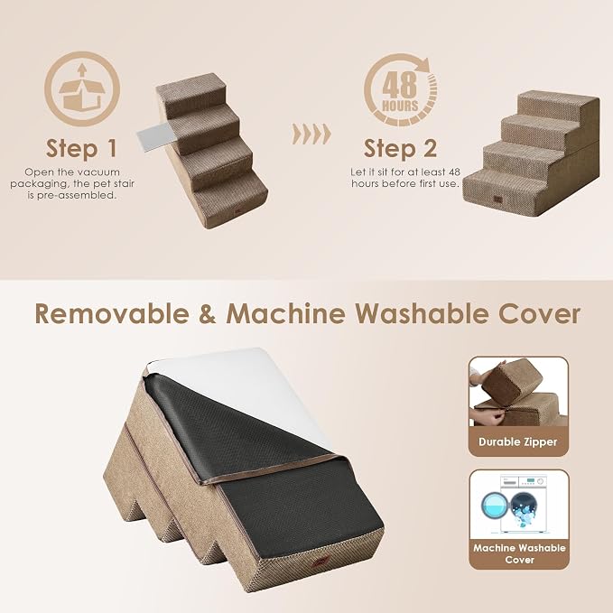 EHEYCIGA Dog Stairs for Bed 20" H, 4-Step Extra Wide Dog Steps, Camel | Pet Steps for Small Dogs and Cats for High Bed, Non-Slip Balanced Pet Ramp Indoor