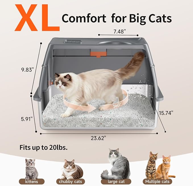 XL Enclosed Stainless Steel Litter Box with Lid, Dark Gray | covered, High Sided, Rustproof & Leak Proof, Easy Clean, Odor Control, Includes Scoop & Step