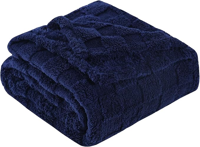 Navy Blue Fleece Throw Blanket 50”×60”Checkered Design for Couch | Super Soft Cozy Plush Microfiber 3D Square Pattern Flannel Blanket for Sofa Bed Lightweight for Adults,Women