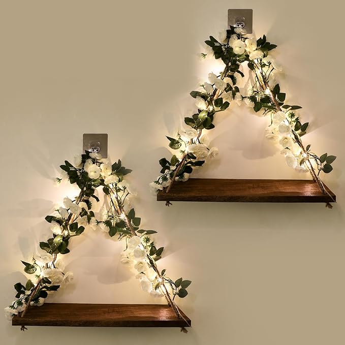 Wall Shelves, Floating Shelves No Drill, Command Shelf, Wall Decor | 2-Pack Hanging Shelves,Renter Friendly Shelves,Trinket Shelf,Room Decor,Comes with Artificial White Rose and LED Strip Lights