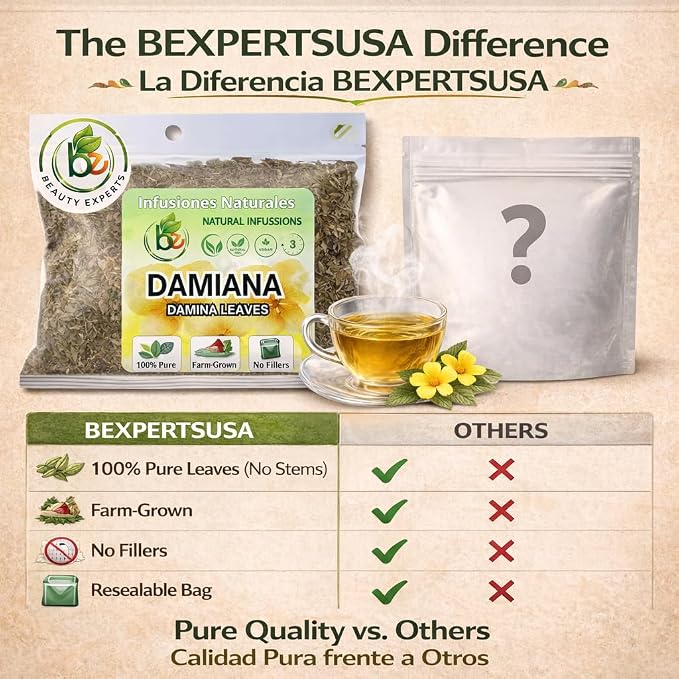 Damiana Leaf Te – 4 oz (113g) Loose Herbal Tea + Stainless Steel Tea Infuser – 100% Natural Turnera diffusa – Authentic Mexican Origin – Caffeine-Free, Non-GMO, Gluten-Free, Vegan By Bexpertsusa