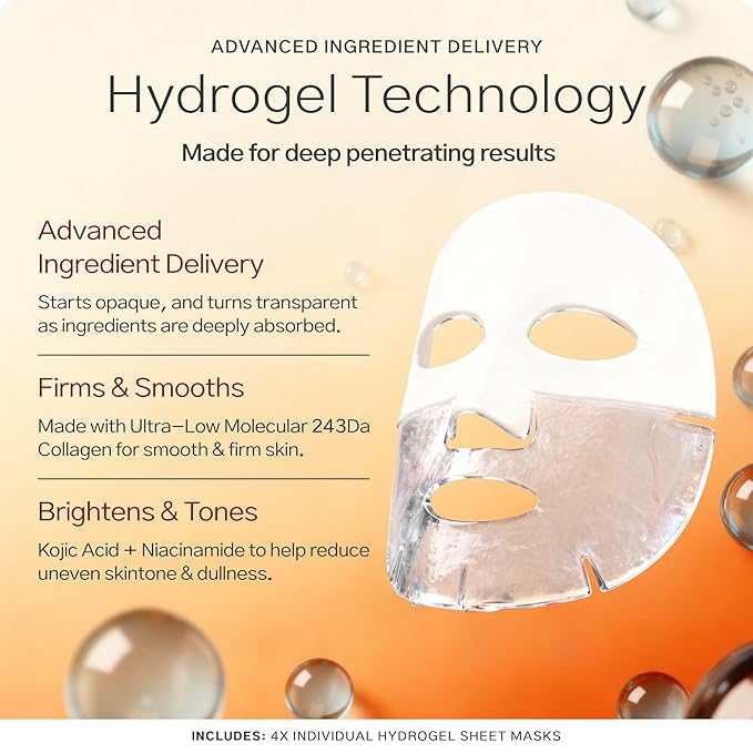 Bio Collagen Mask + Kojic Acid Premium Hydrogel Face Mask (4 masks), Korean Mask for Luxury Beauty, Collagen Mask for Self Care, Korean Skincare, Hydrating Face Mask, Stocking Stuffers