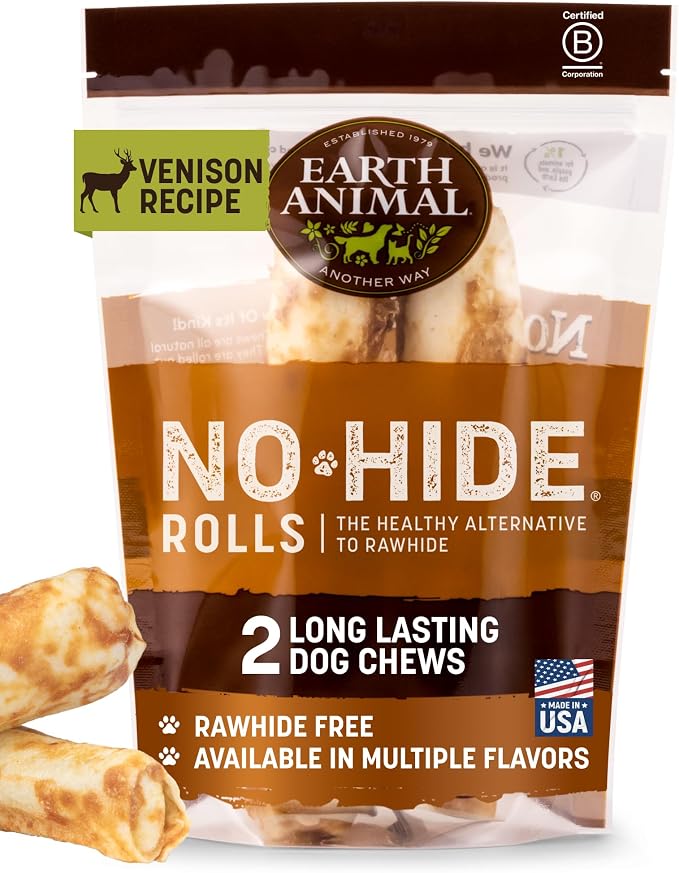 Earth Animal No Hide Dog Chews - Rawhide Free Medium Rolls 2 Count Venison | Medium Venison Flavored Natural Rawhide Free Long Lasting Dog Chews - Treats for Medium Dogs and Aggressive Chewers