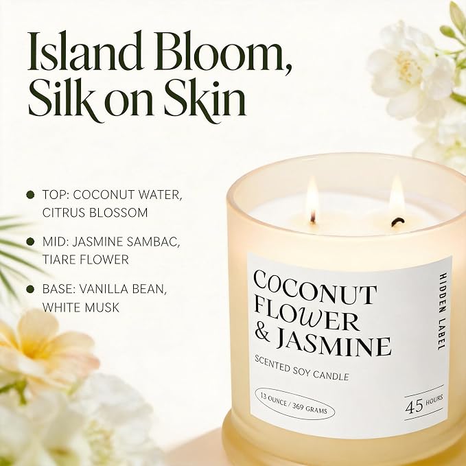 Coconut Flower & Jasmine Scented Candle, 13oz Natural Soy Wax Candle with 2 Wicks, 75 Hour Long Lasting Aromatherapy Candle for Stress Relief, Non Toxic Luxury Candle for Home Decor