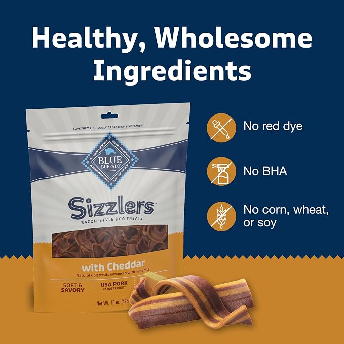 Blue Buffalo Sizzlers Pork & Cheddar Bacon-Style Dog Treats, 15 oz | Real USA Pork First, Real Cheddar Cheese, Soft-Moist Texture, No Chicken By-Product, Corn, Wheat, or Soy
