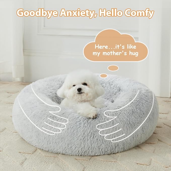 WNPETHOME Large Round Calming Dog Bed Cat Bed for Comfy Sleep | Large Cute Washable Puppy & Cat Bed with Fuzzy Plush, Fur Anti Anxiety Pet Bed Donut Cuddler (45x45x10 In, Light Grey)