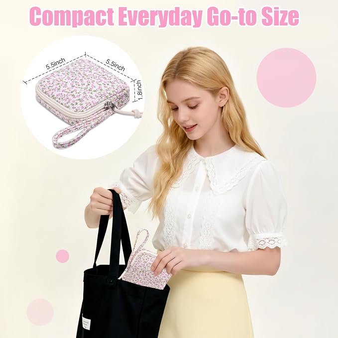 Small Makeup Bag | Discreet Period Bag Pad Pouch for Purse | Sanitary Napkin Storage & Tampon Holder for Travel (Flower Pink)