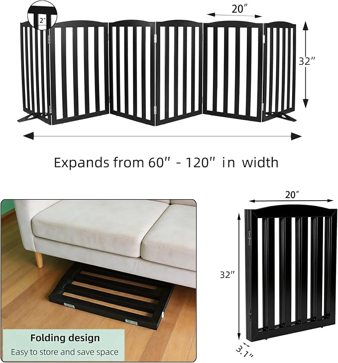 ZJSF Foldable Freestanding Indoor Dog Gate for House Wood Long Pet Gates Dog Fence for Stairs Puppy Gates for Hallways, Puppy Gate,Support Feet Included, Black, 32 "Height-6 Panels