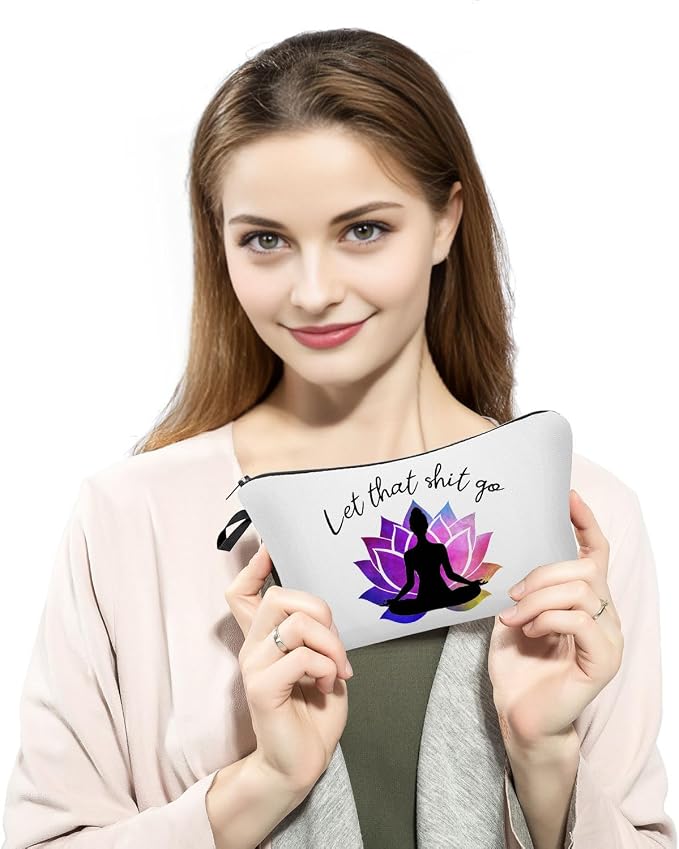 Let That Go Makeup Bag Cosmetic Bag Pouch Yoga Instructor Yoga Accessories Women Funny Meditation Gift Zen Gifts Yoga Accessories for Women Meditation Gift for Namaste Yoga Toiletry Bag