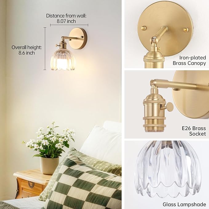 Shenmoyl Vintage Battery Operated Wall Sconce with Transparent Tulip Glass Lampshade Rechargeable Battery Powered Wall Light with Remote Control for Bedside Bedroom Doorway, Set of 2