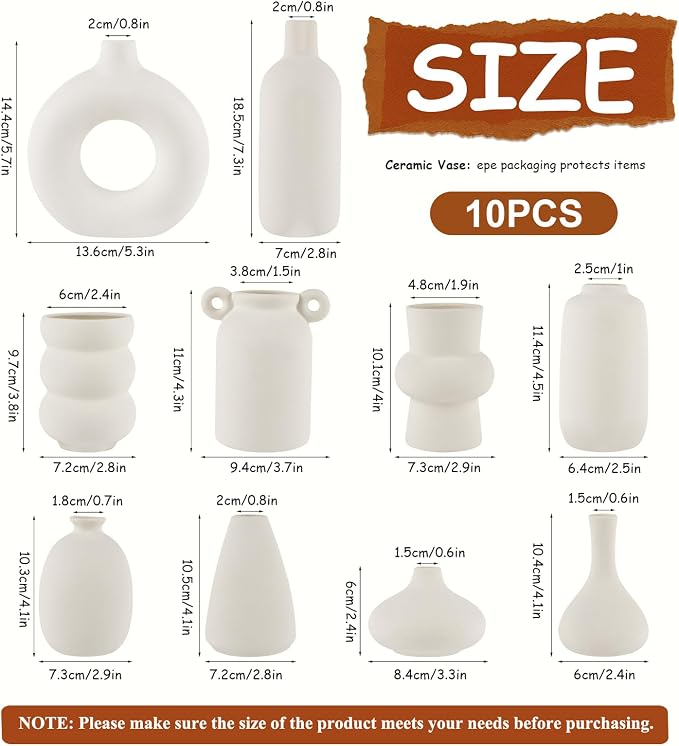 Small White Ceramic Vase Set of 10 Ceramic Bud Vases in Bulk Farmhouse Vase | for Pampas Grass Boho, Flowers, Decorative Modern Ceramic White Flower Vases for Home Decor, Entryway Table Decor