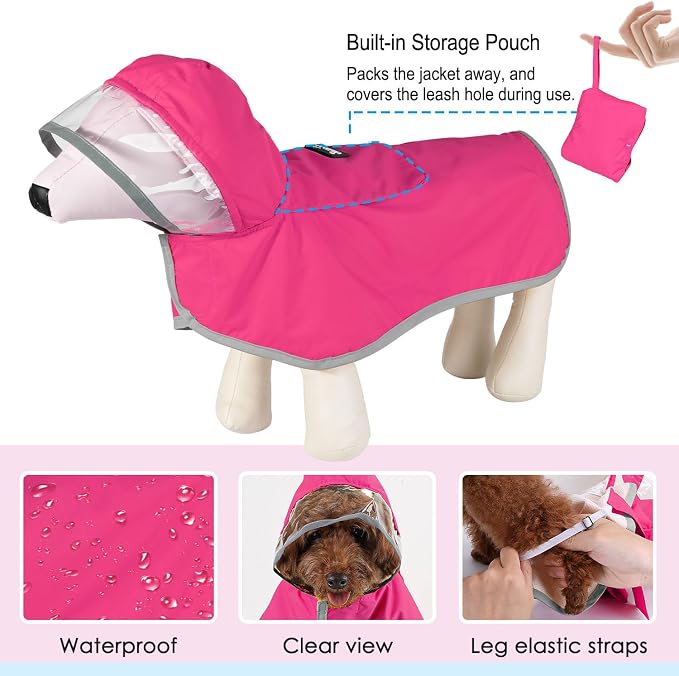 Lukovee Dog Raincoat, Waterproof Rain Jacket, Clear Hood & Reflective Rim | Easy On Off Adjustable Straps, Leash Hole, Soft Mesh Lining, Storage Pocket, Poncho for Small Medium Large Dogs (Fuchsia, S)