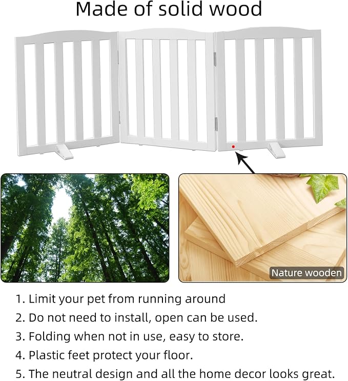 ZJSF Foldable Freestanding Indoor Dog Gate for House Wood White Long Pet Gates Dog Fence for Stairs Puppy Gates for Hallways,Pet Fence, Puppy Gate,Support Feet Included 24 "Height-3 Panels