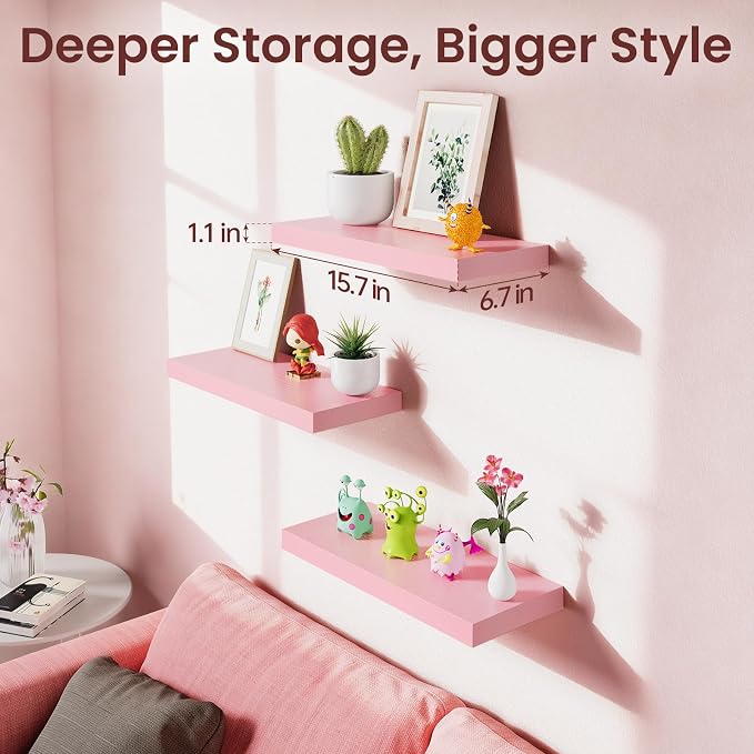 BAYKA Pink Floating Shelves 15.7in, Set of 3, Wall Mount Rustic Wood Shelf | 22lbs Max Load, Hidden Bracket, for Bathroom Bedroom Kitchen Display Storage Decor, Easy Install, Multi-Wall Compatible