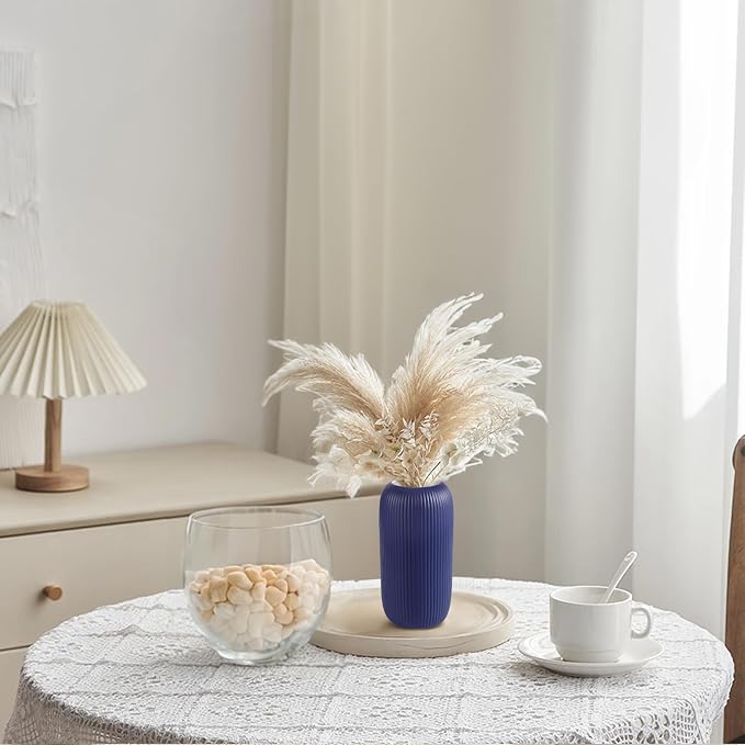 Ceramic Vase for Flowers – Modern Small Ribbed Textured Flower Vase for Home Decor, Pampas Grass, Decorative, Farmhouse, Coffee Table, Kitchen Centerpieces, Bookshelf and Home Living (Navy Blue)