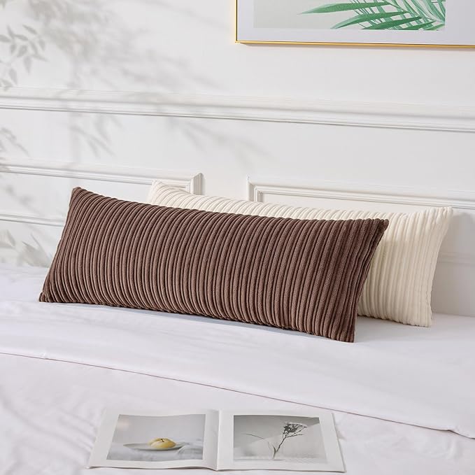 UGASA Fall 14x36 Inch Pillow Cover Pack of 1 Soft Boho Stripe Corduroy Large Long Rectangle Lumbar Cushion Case Farmhouse Decorative Throw Pilowcase for Bed, Couch, Sofa, Bedroom, Dark Brown