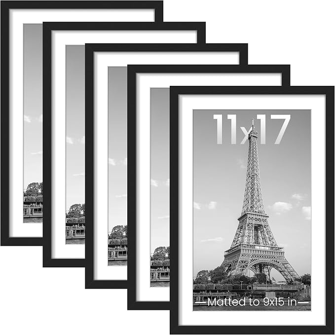 upsimples 11x17 Picture Frame, Gallery Wall Frames Set of 5, Black | Poster Frame Collage Wall Decor, 9x15 Picture Frame with Mat for Family, Baby, Hallway, Christmas