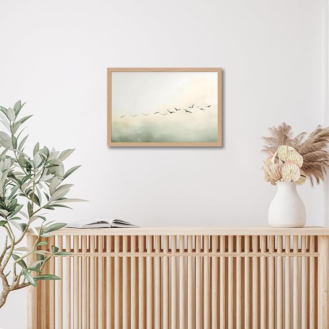 skysoon Minimalist Bird Wall Art, Neutral Abstract Landscape Canvas Print | Abstract Fog Landscape Canvas Print, Nordic Artwork, Modern Calm Wall Decor for Living Room Bedroom Office 16x24 Inch