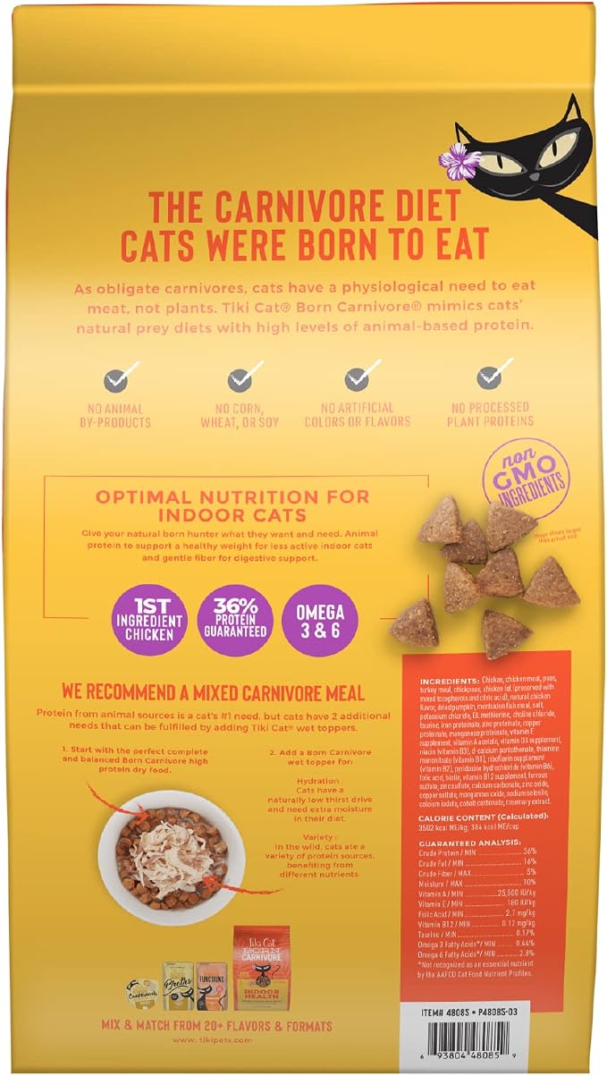 Tiki Cat Born Carnivore Indoor Health, Chicken & Turkey Meal, 6 lbs Bag | Crunchy Kibble Texture for Indoor Cats, Real Animal Protein, Non-GMO Ingredients, Supports Immune and Digestive Health
