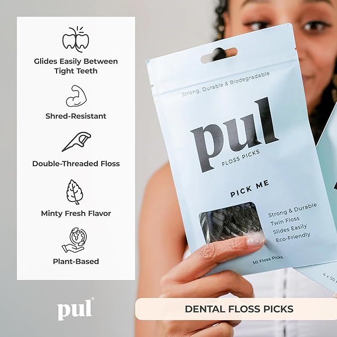 PUL Dental Floss Picks Mint Teeth Flossers for Deep Cleaning - Plant Based Floss Sticks with Shred Resistant Nylon Teeth Floss - Fluoride Free Dental Flossers for Adults and Kids - 50 Count