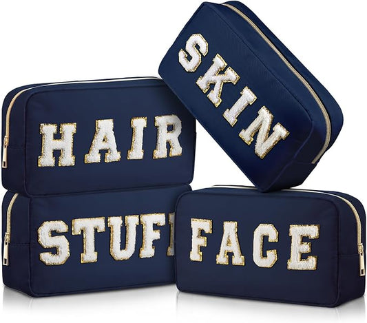 Preppy Makeup Bags Chenille Letter Stuff Bag Nylon Cosmetic Pouch Cases with Zipper for Women Travel Toiletry(Dark Blue,Classic,4 Pcs)