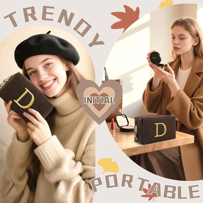 Personalized Initial Makeup Bag,Preppy Suede Cosmetic Bag for Teen Girls,Small Monogram Travel Toiletry Bag With Gold Embroidered Letter,Trendy Stuff Custom Christmas Gift for Women(Coffee-D)