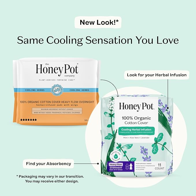 The Honey Pot Company - Herbal Sanitary Pads for Women - Heavy Flow Overnight w/Wings - Infused w/Essential Oils for Cooling Effect & Organic Cotton Cover - Feminine Care - 11 ct