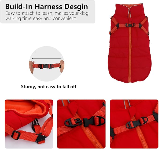 Geyecete Winter Warm Coat Waterproof Dog Winter Jacket with Harness Traction Belt,Windproof Pet Outdoor Jacket Dog Autumn-Red-L